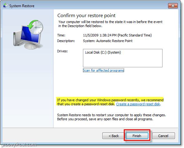 как да потвърдите, че възстановявате Windows 7 с точка за възстановяване и създавате диск за нулиране на парола