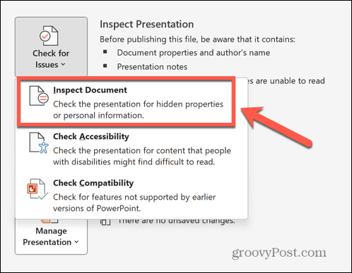 powerpoint инспектира документ