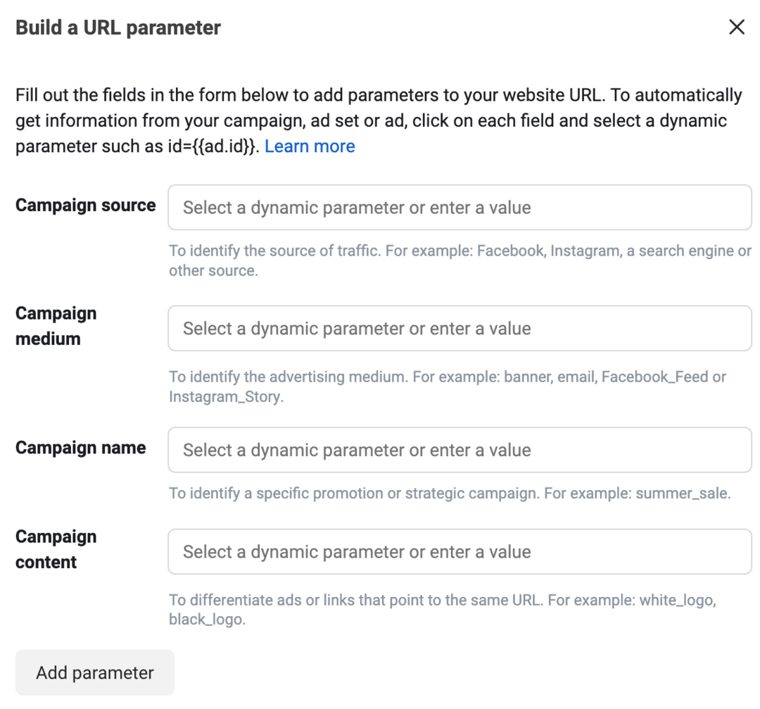 изображение на полето за създаване на параметър на URL в Ads Manager