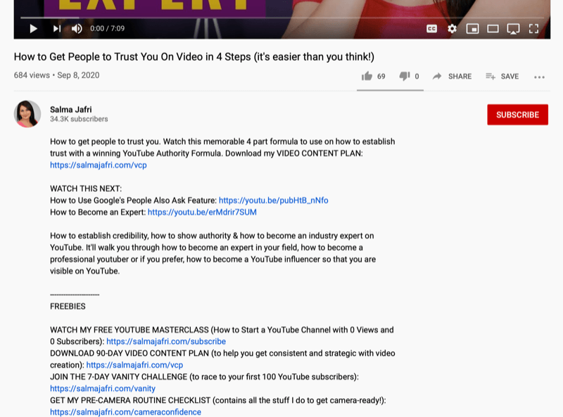екранна снимка на бележки за описание на видеоклипове в YouTube с добавени няколко връзки за други видеоклипове в YouTube или безплатни изтегляния
