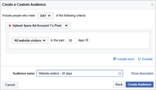 Изберете опции за настройване на персонализирана аудитория във Facebook на всички посетители на уебсайта през последните 30 дни