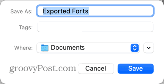 местоположение на експортирани шрифтове за mac