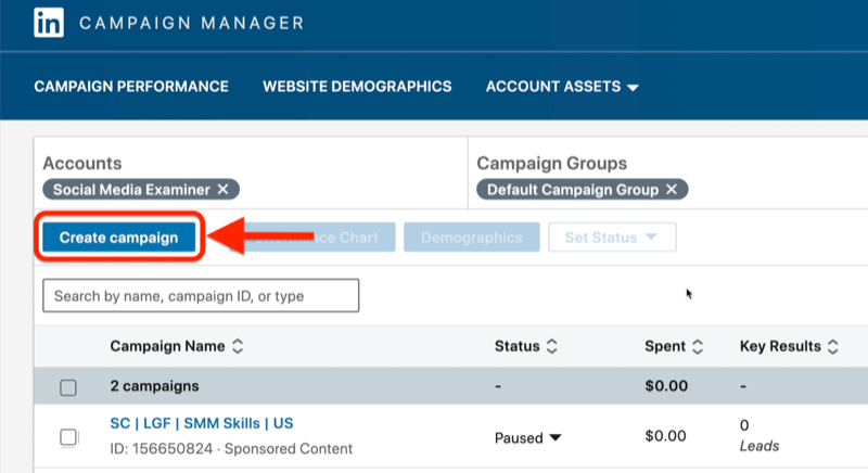 Пример за табло за управление на реклами на свързан с кампания с маркиран бутон за създаване на кампания