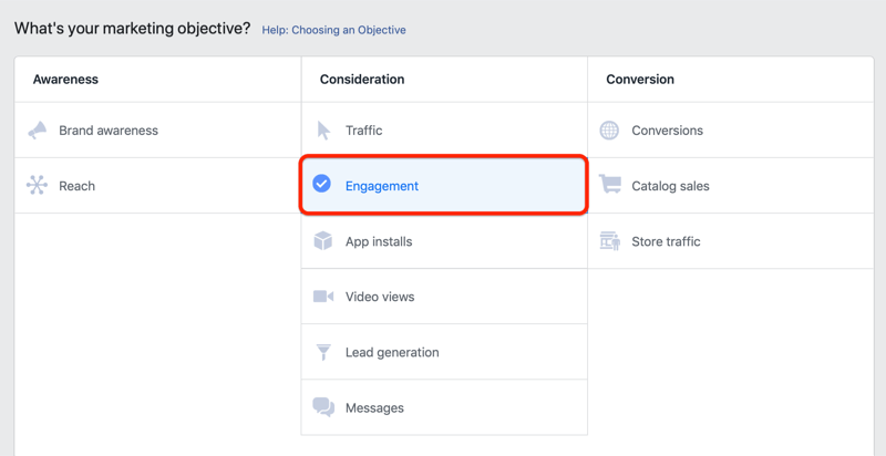 стъпка 1 за това как да настроите кампания за ангажиране във Facebook за насърчаване на проучване на клиентите