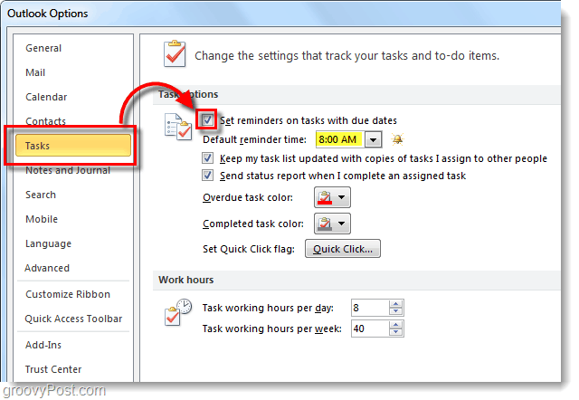Как да настроите напомняния за задачи по подразбиране за Outlook 2010