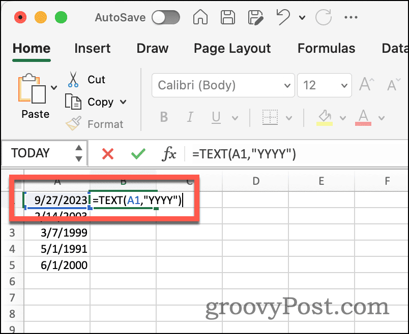 Текстова функция на Excel за извличане на година от дата