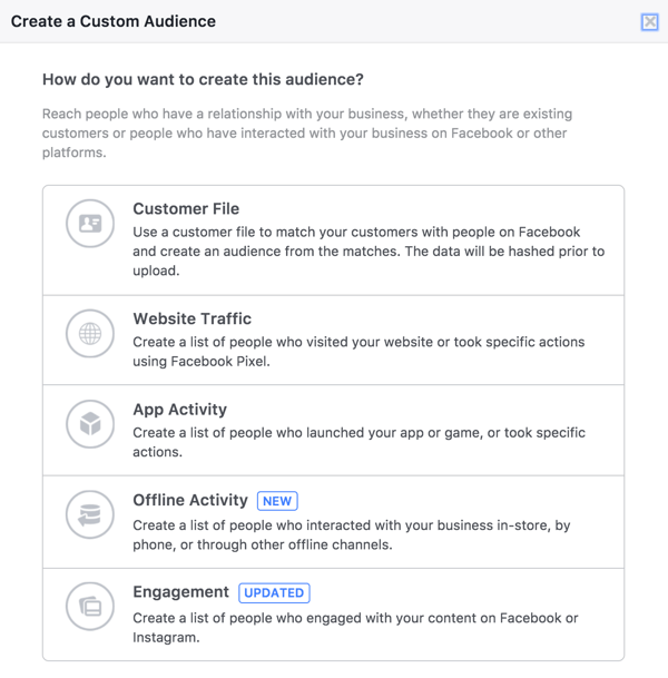 В инструмента Facebook Audiences изберете Engagement, за да създадете аудитория от хора, гледали вашите видеоклипове на живо.