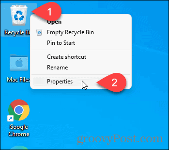 Вземете свойства на кошчето, като използвате иконата на работния плот в Windows 11