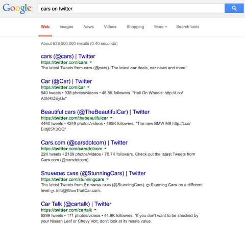 Twitter профил резултати в Google търсене на автомобили на