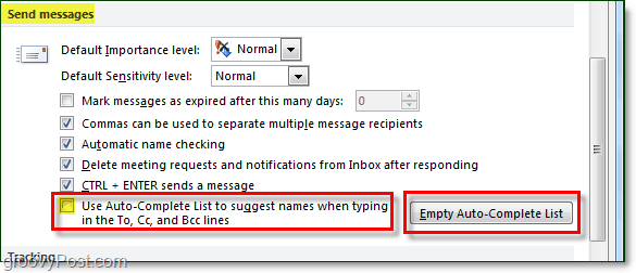деактивирайте автоматично завършване в Outlook 2010 и изчистете кеша на автоматично завършване