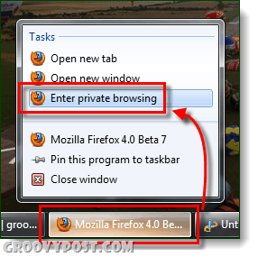 стартирайте Firefox частно сърфиране от лентата на задачите Windows 7