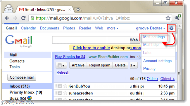 отворете настройките за gmail поща