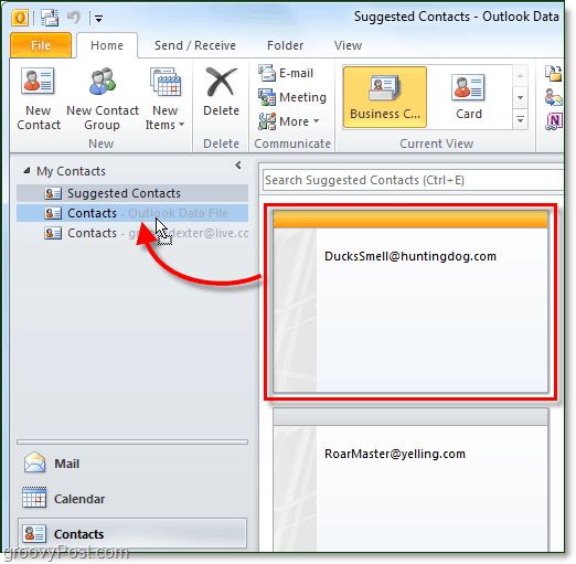 Как да намерите и добавите несъхранени контакти на Outlook 2010