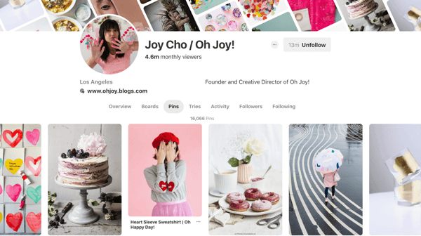 Съвети за подобряване на обхвата на Pinterest, пример 6, пример за щифтове Joy Cho Pinterest