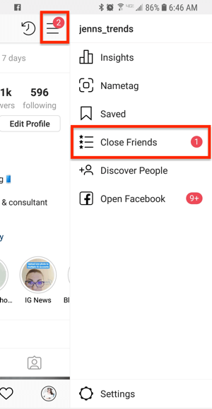 Опция за близки приятели от профил в Instagram.