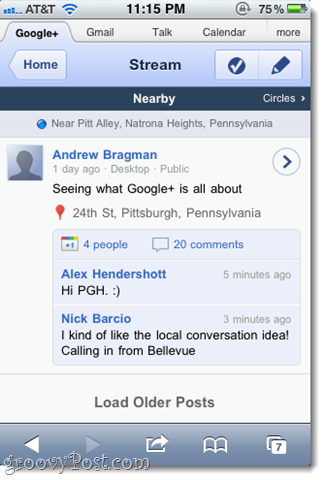 Екранна снимка на уеб приложението за iPhone на Google+