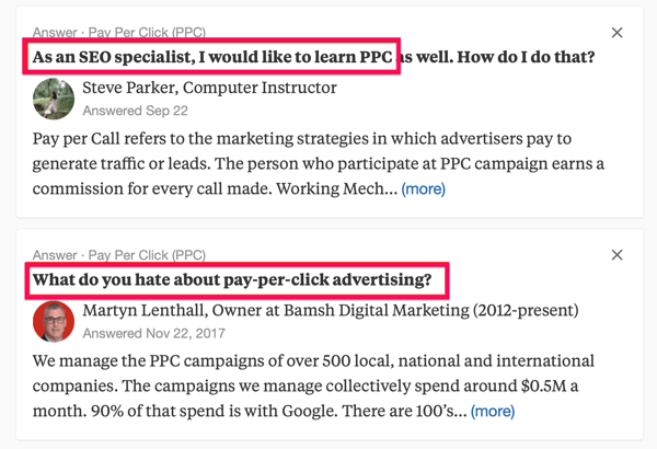 Пример за два резултата от търсенето на Quora, включително термина за търсене „PPC“.