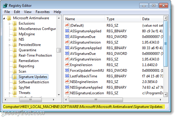 Намерете правилния регистър ключ в Windows 7 regedit