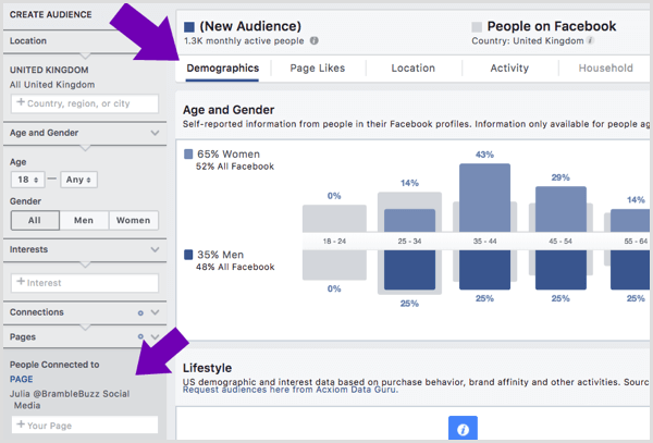 Преглеждайте демографски подробности за аудиторията, която харесва конкретна страница във Facebook.