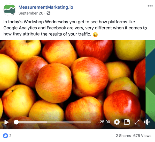 Това е екранна снимка на публикация във Facebook от страницата MeasurementMarking.io. Публикацията показва и видео, което популяризира водещия магнит на семинара на Крис Мърсър. Потребителите, които гледат или кликват върху видеоклипа, може да са изпълнили цел за информираност.