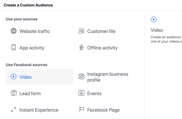 Как да популяризирате вашето събитие на живо във Facebook, стъпка 8, създайте персонализирана аудитория в Facebook Ads Manager въз основа на видео изгледи