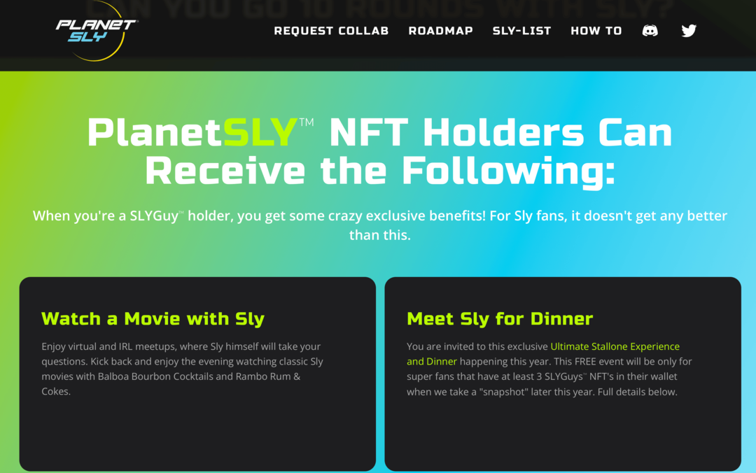 изображение на уебсайта PlanetSly, обясняващ предимствата за притежателите на SLYGuy NFT
