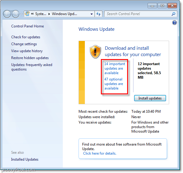 Windows 7 - Снимка на страницата за актуализиране на Windows
