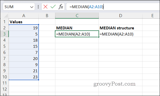 Примерна формула MEDIAN в Excel