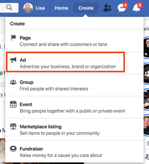 Създайте реклами във Facebook, като кликнете върху Създаване от вашия профил във Facebook.