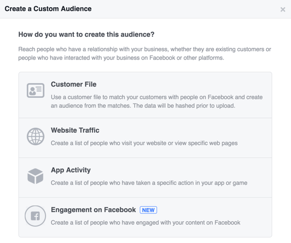 Изберете как искате да създадете вашата персонализирана аудитория във Facebook.