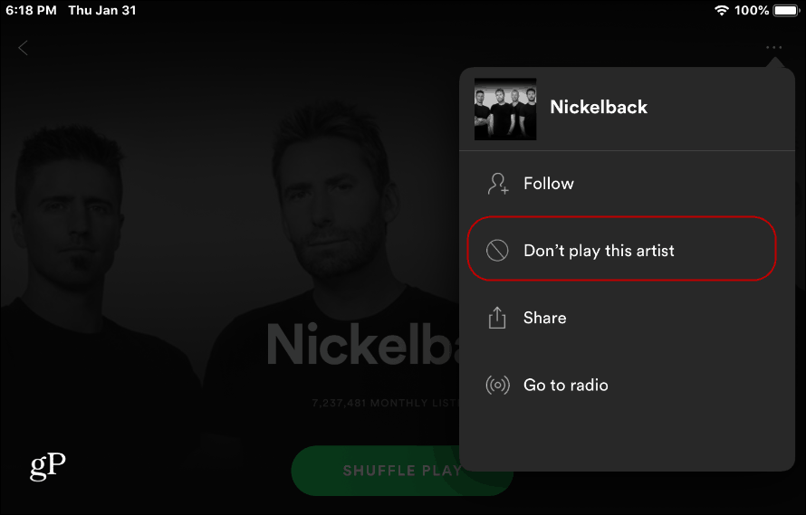 Блокиране на артисти Spotify