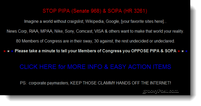 Google, Уикипедия Сред сайтовете, които „се помрачават“ днес, за да протестират предложени законопроекти за борба с пиратството в Конгреса