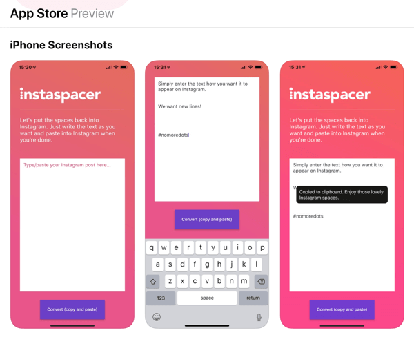 Приложение Instaspacer за надписи за снимки в Instagram