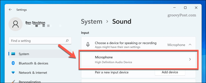 Отворете микрофонното устройство в звуковите настройки на Windows 11