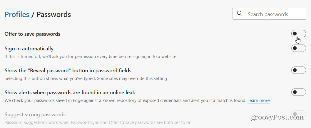 Деактивирайте Edge на опциите за парола