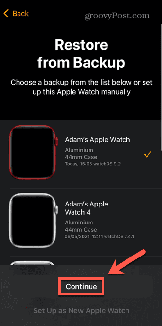 Apple Watch изберете резервно копие