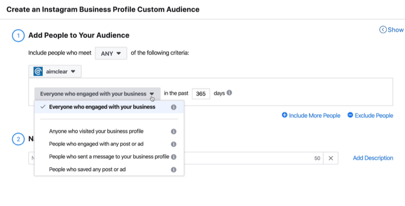 Създайте прозорец за потребителска аудитория на бизнес профил в Instagram