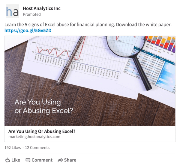 Host Analytics предоставя оферта за изтегляне на бяла книга на целева аудитория в LinkedIn.