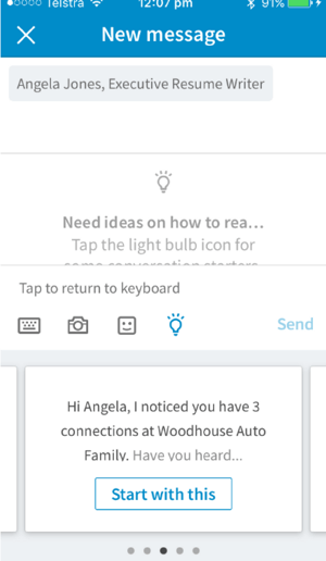 Мобилното приложение LinkedIn предоставя стартови разговори въз основа на връзката, която искате да изпратите.