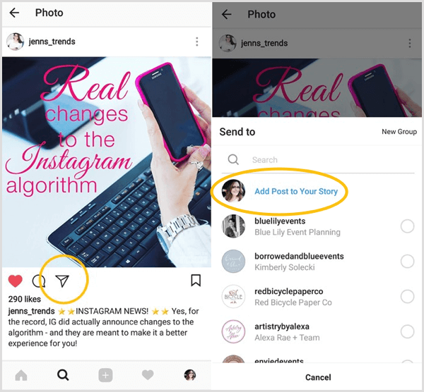 Потърсете опцията Добавяне на публикация към вашата история, за да видите дали имате достъп до функцията за повторно споделяне на Instagram.