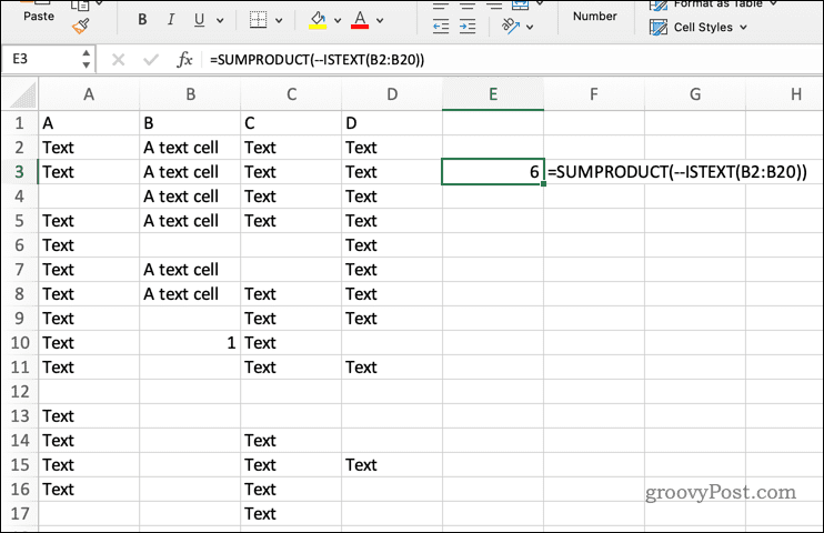 Използване на SUMPRODUCT с ISTEXT в Excel