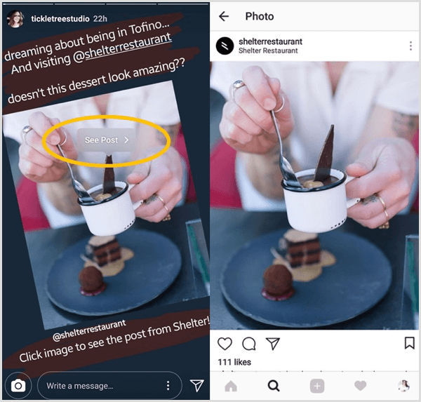 Докоснете повторно споделена публикация в Instagram и след това докоснете бутона Вижте публикацията, за да преминете директно към оригиналната публикация от този потребител.