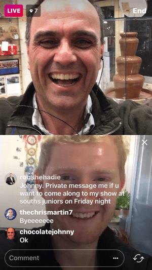 Наличието на гост във вашето видео на живо в Instagram разделя екрана на два квадрата с хоста в горния видео екран.