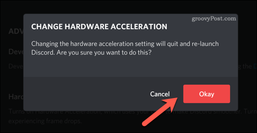 Потвърждаване на промяна в настройките за хардуерно ускорение на Discord