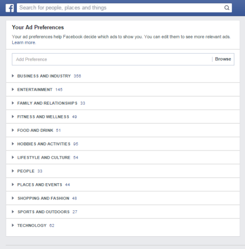 категории за предпочитания за реклами във facebook