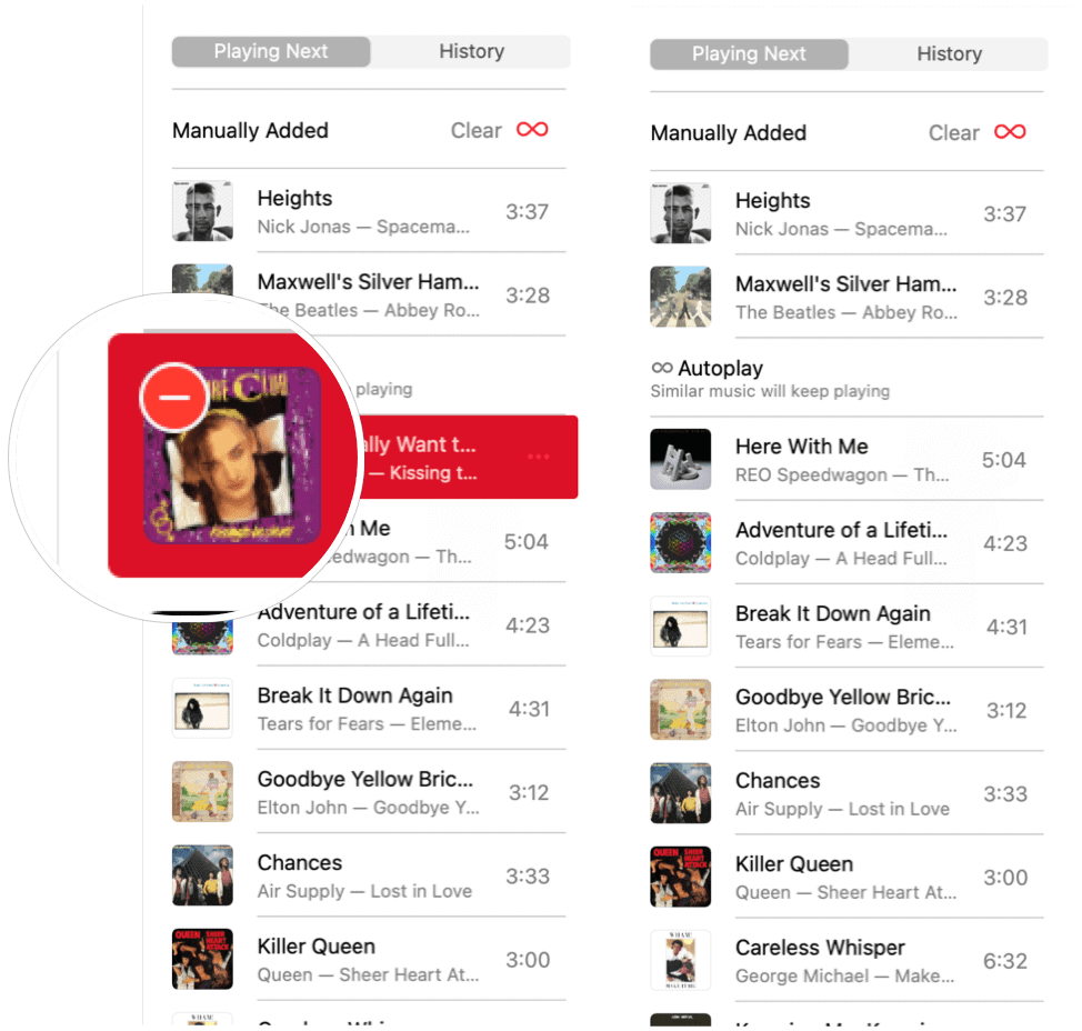 Apple Music Autoplay премахване на песен