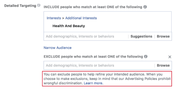 Facebook пусна нови подкани, които напомнят на рекламодателите за антидискриминационните политики на Facebook, преди да създадат рекламна кампания и когато използват нейните инструменти за изключване.