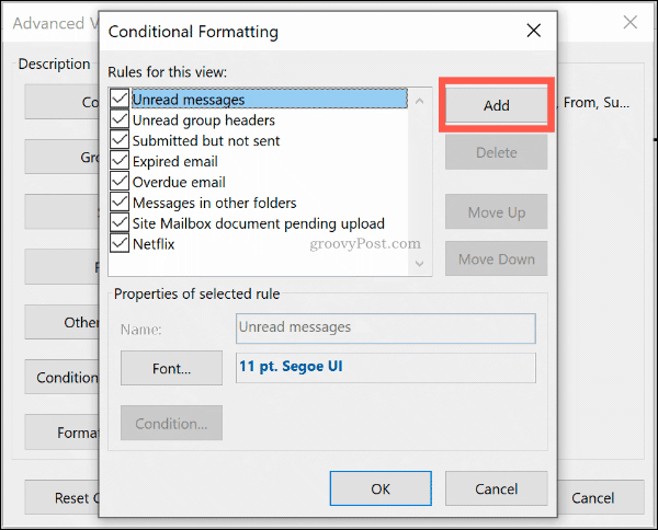 Щракнете върху Добави, за да добавите ново правило за условен формат в Outlook