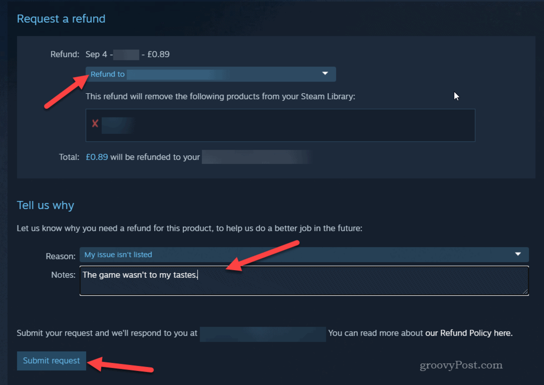 Steam формуляр за възстановяване на средства