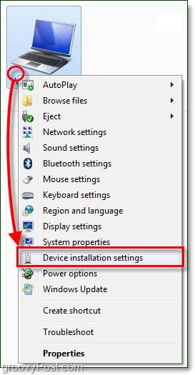 в контекстното меню на вашия компютър с Windows 7 и преминете към настройките за инсталиране на устройството